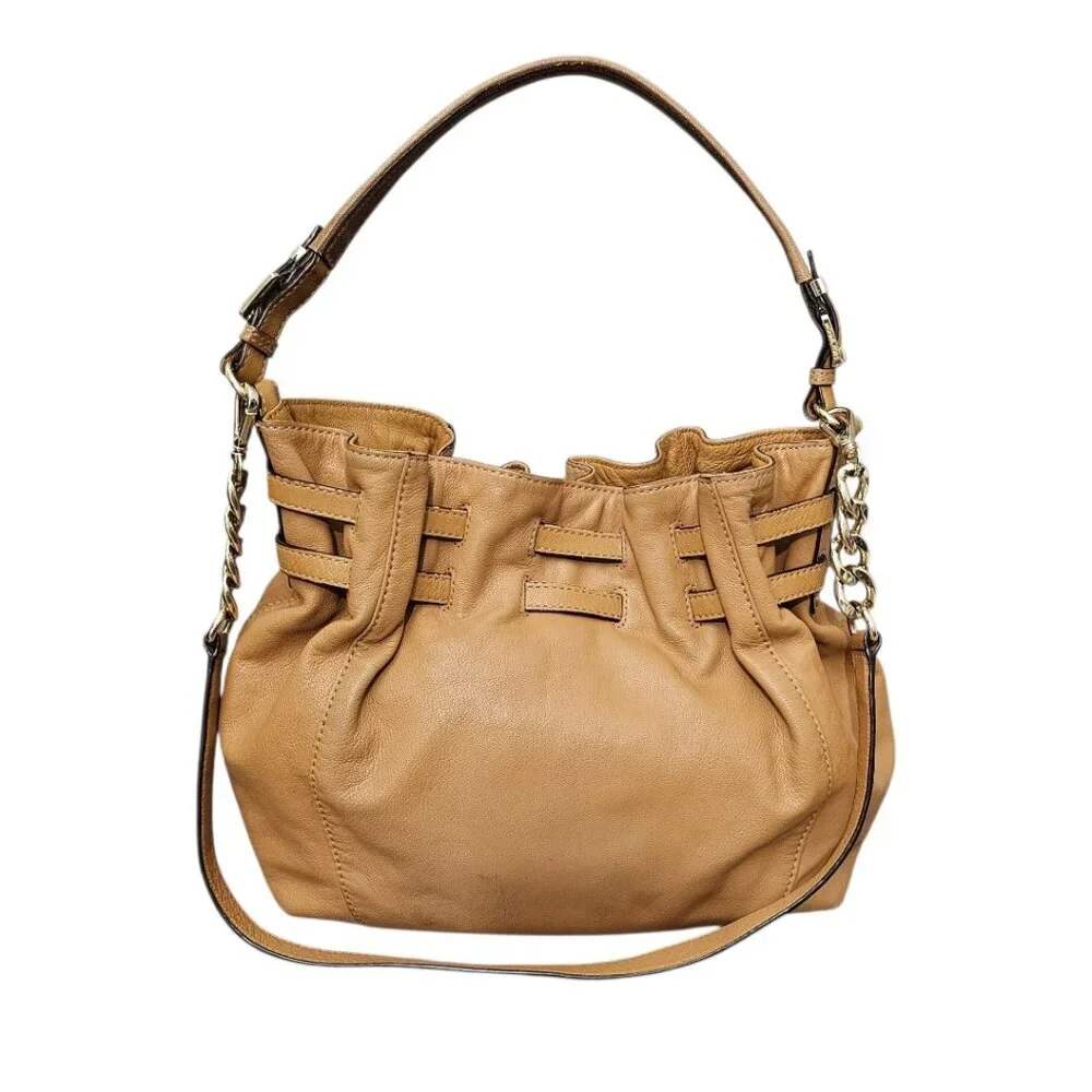 Michael Kors Way Leather Buckle Hobo Cinch Chain Tan Shoulder Bag COA